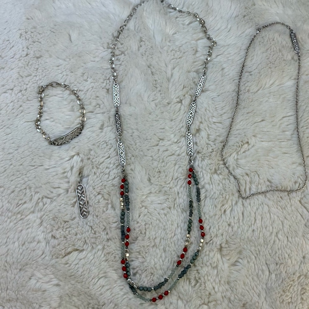 Premier Designs Fast Forward Necklace and Bracelet Set Silver w/ Red Beads